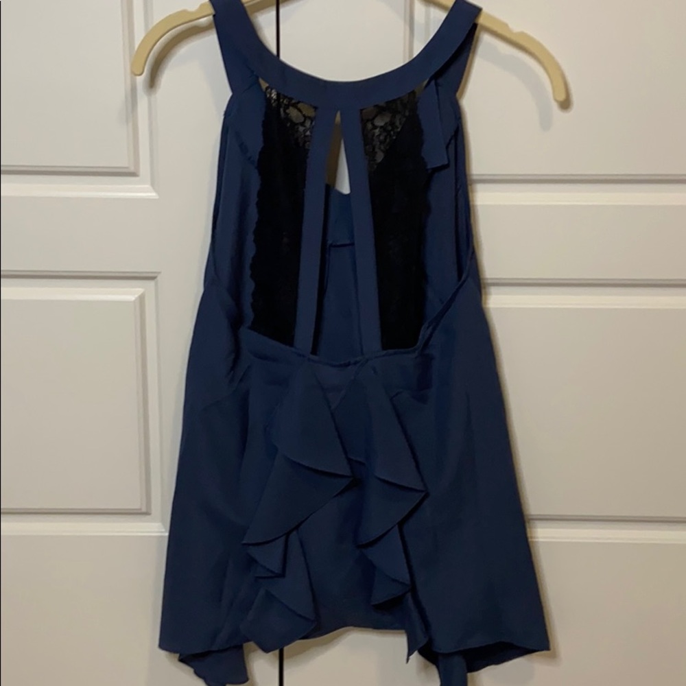 BCBGeneration lace back blue and black top ruffle